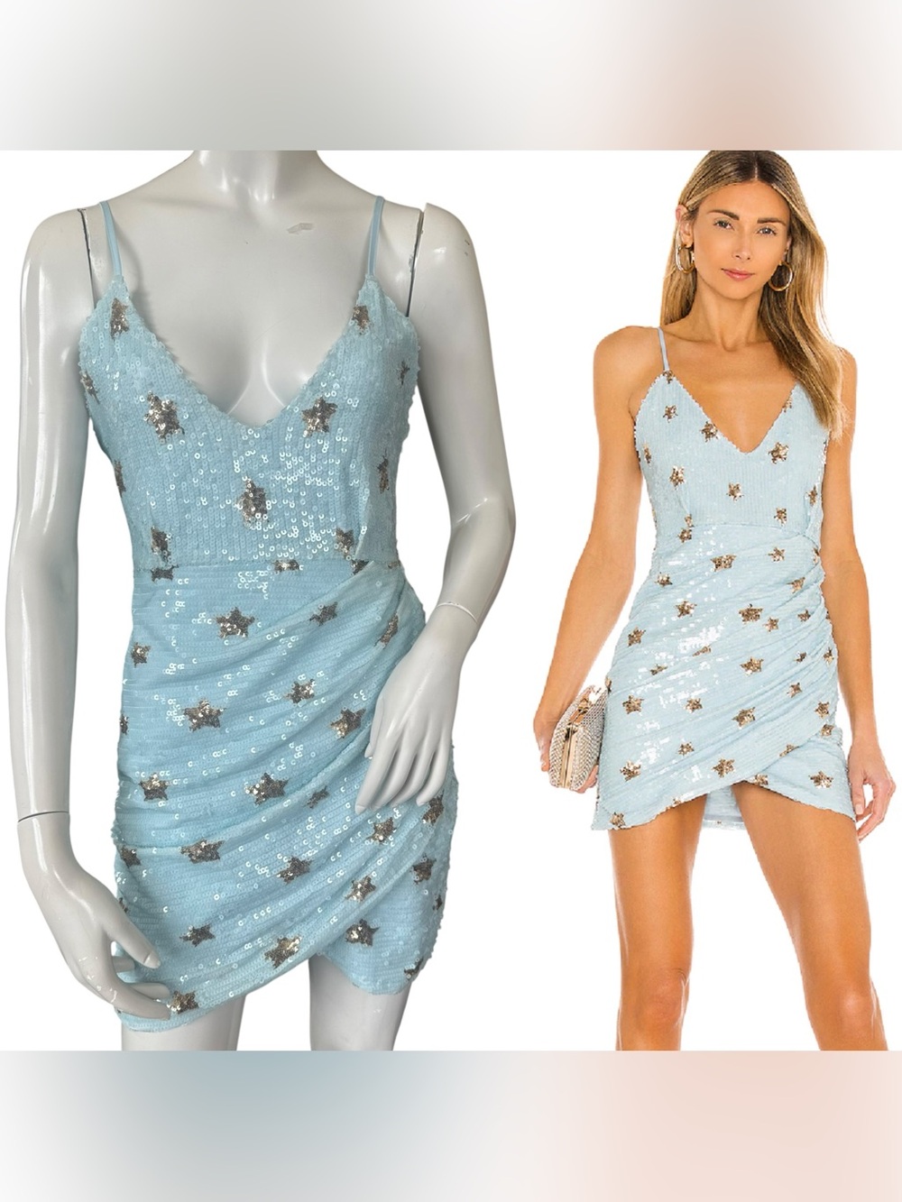 Superdown Dina Sky Blue Gold Star Print Sequin Ruched Front Mini Dress Sz Small